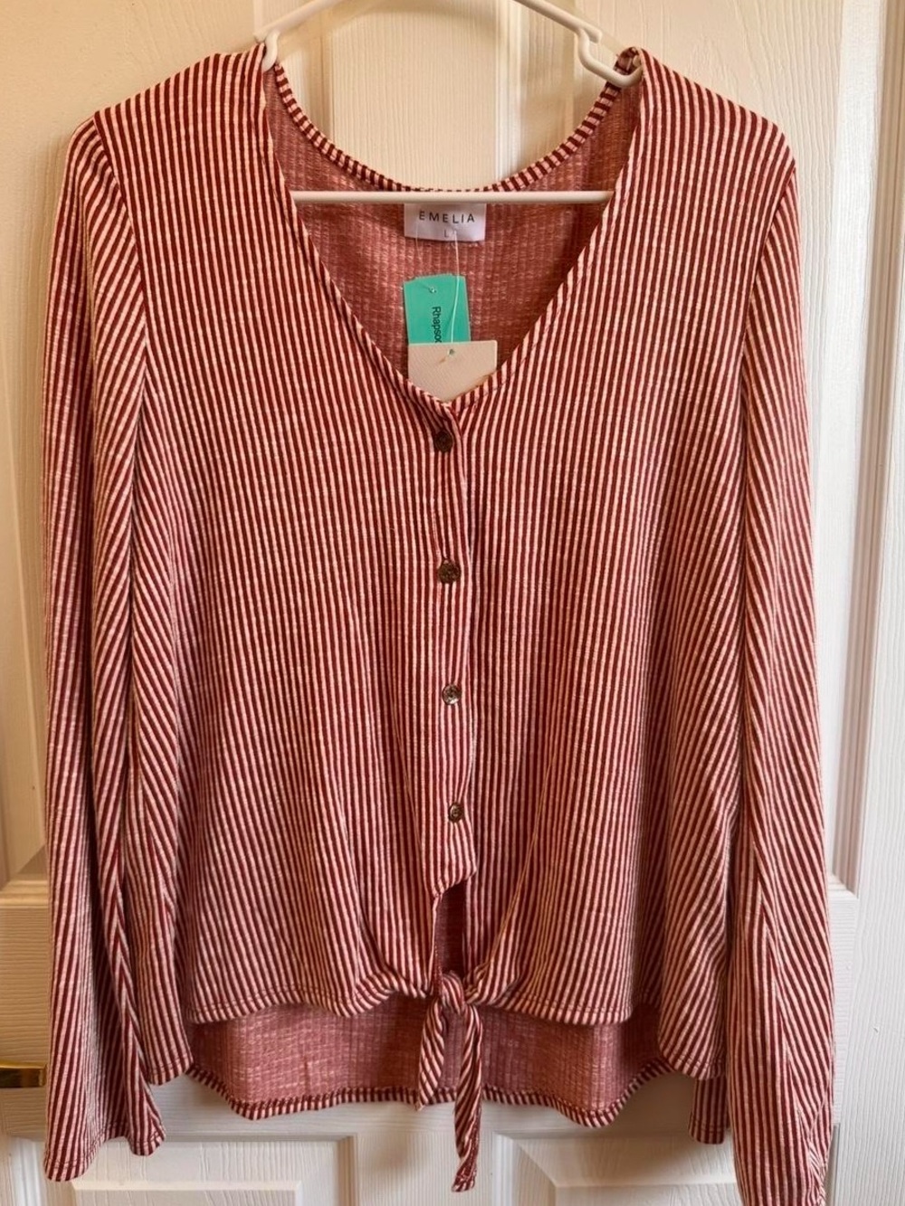 Stripe Tie-Hem Button-Down Top in Rust Orange